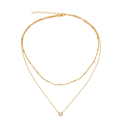 Stainless Steel Zirconia-Inlaid Pendant Double-Layer Necklace Ladies' Refined Luxury Elegant Layered Beaded Necklace Jewelry