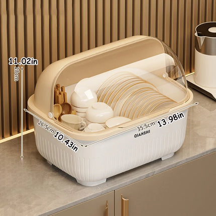 Dish Rack with Protective Cover - Space-Saving, Dust-Proof Kitchen Storage Cabinet with Chopstick Holder, Multifunctional Utensil Organizer with Drainage Board, Drainage Function, Suitable for Countertops and Cabinets, Dish R