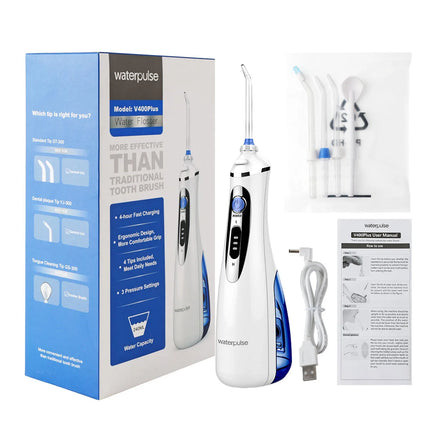 Waterpulse oral irrigator, dental floss irrigator, tooth cleaner 240ML, 3-speed adjustable, 2000mAh, 4 replacement nozzles