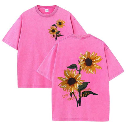 Lift Is Good Beautiful Sunflower Print Washed T-Shirts Women Soft Cotton T-Shirt Street Creative Short Sleeve Summer Casual Tops