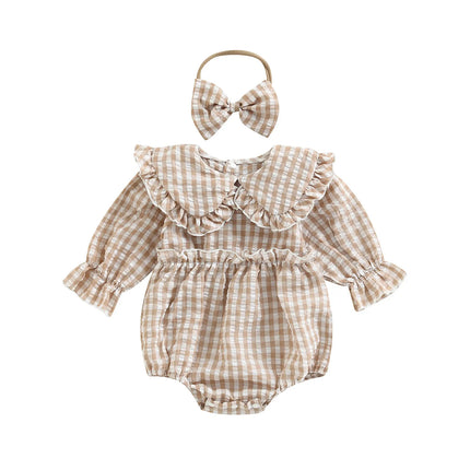 2Pcs Infant Baby Girl Spring Autumn Outfit, Plaid Doll Collar Long Sleeve Ruffle Romper + Hairband Set for Infants, 0-18 Months
