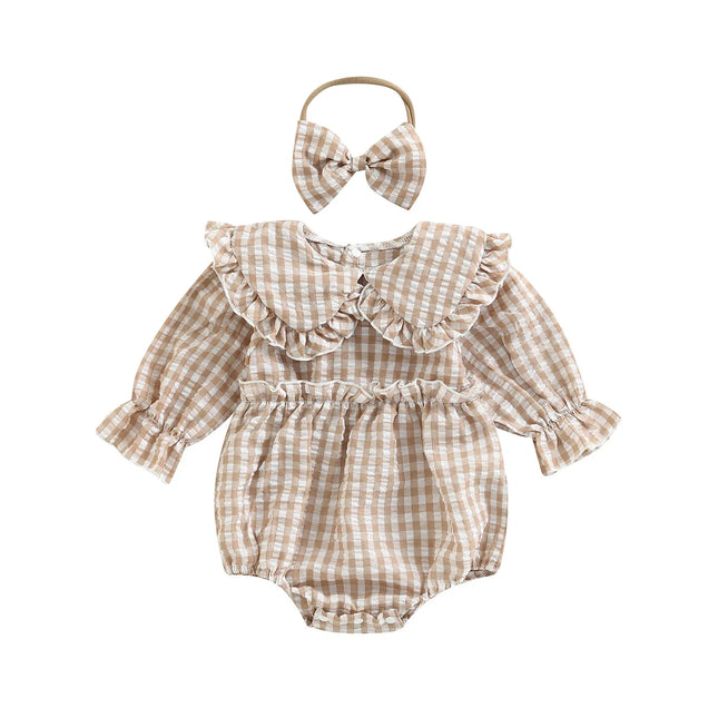 2Pcs Infant Baby Girl Spring Autumn Outfit, Plaid Doll Collar Long Sleeve Ruffle Romper + Hairband Set for Infants, 0-18 Months