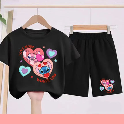 Disney 2026 Summer Round-neck Short-sleeved Set Girl Stitch Printed T-shirt Fashion Child Top+Shorts Casual Daily Sportswear Set