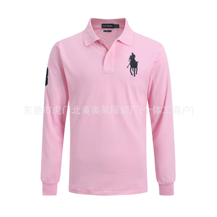 Long Sleeve Pure Cotton Polo Shirt Men's Embroidered Polo Neck T-Shirt Casual Spring Autumn British Style Loose Fit Solid Color