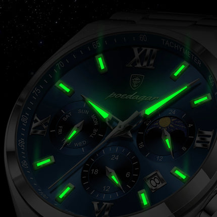 POEDAGAR Fashion Functional Men's Wristwatch Luminous Week Date Business Watch For Men Stainless Steel Sports Men's Quartz Watches