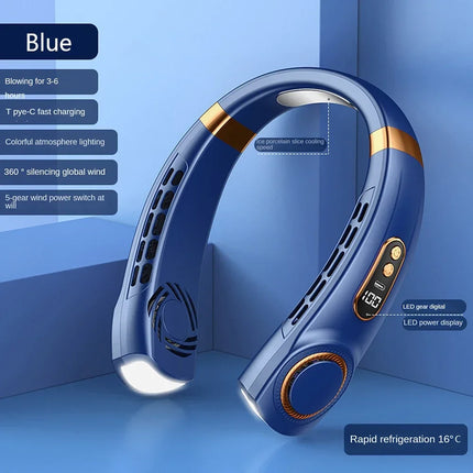 2025 New Portable Neck Fan USB Handheld Mute LED Digital Display Leafless Mini Electric Fan Colorful Atmosphere Lights 5th Gear