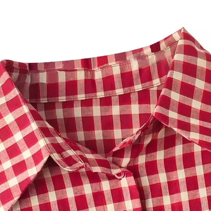 2026 Y2k  Women New Vintage Red Plaid Turn-down Collar Over-shirt Long Sleeve Streetwear Loose Patchwork Harajuku Blouses