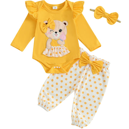 Baby Girls Fall Outfits Long Sleeve Bear Embroidery Romper and Dot Print Pants and Bow Headband