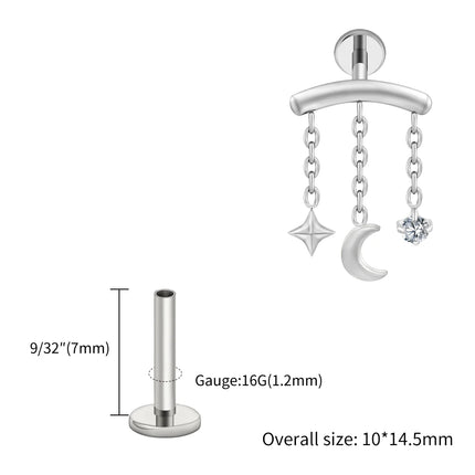Right Grand ASTM F136 Titanium Hidden Helix Chain Earring 16G Dainty Star Moon CZ Dangle Cartilage Stud Piercing Jewelry