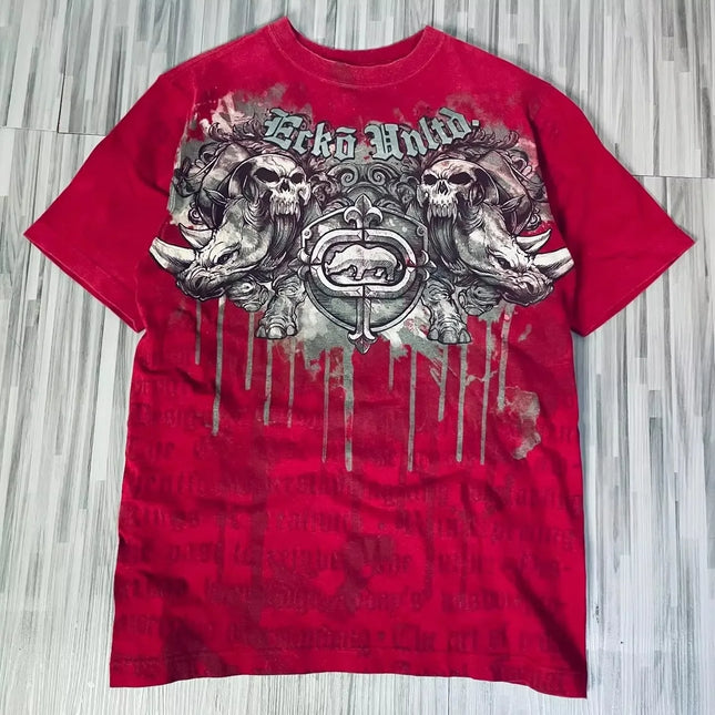 American 2000s Street Affliction New Men Tops Gothic Retro Printed Oversize T-shirt couple Hip Hop Harajuku Punk Short Sleeves