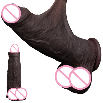 Realistic Silicone Dildo Black Soft Penis Sliding Foreskin Cock Male Genitals Vaginal Masturbation Suction Cup Dick Anal Sex Toy