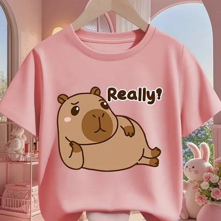 Cute Kawaii Capybara Crew Neck T Shirt Summer 3-14Y Boys Girls Fashion Street Hot Cartoon Casual Children