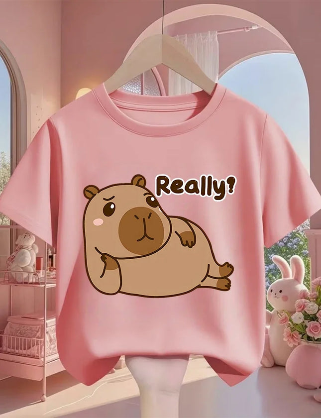 Cute Kawaii Capybara Crew Neck T Shirt Summer 3-14Y Boys Girls Fashion Street Hot Cartoon Casual Children
