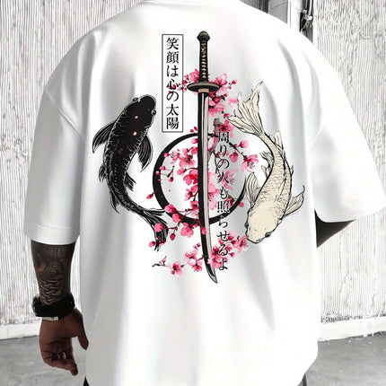 Japanese Cherry Blossom Print 100% Cotton Men Woment T-shirt Summer Autumn Daily Outdoor Sports Casual Loose Street Short-sleeve