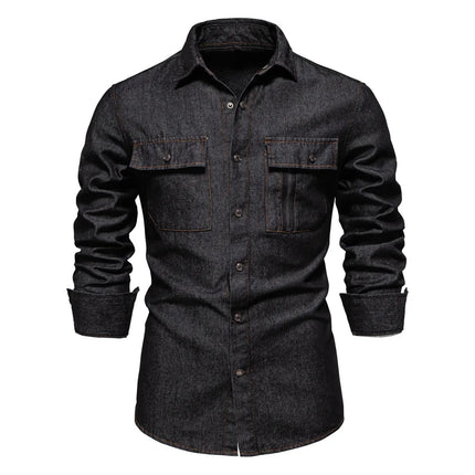 New Style Men's Casual Solid Color 100% Cotton Long-Sleeve Washed Denim Shirt for Spring and Autumn, European Size