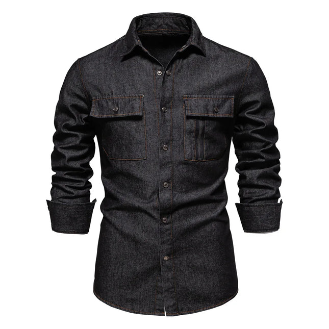 New Style Men's Casual Solid Color 100% Cotton Long-Sleeve Washed Denim Shirt for Spring and Autumn, European Size