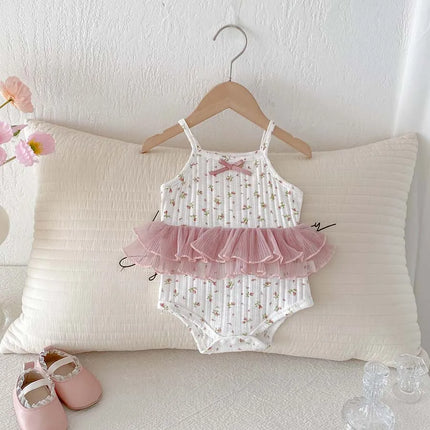 INS Summer Baby Girl Floral Lace Stitching Lace Bow Sling Triangle Jumpsuit for Toddlers and Baby Girls Summer Outdoor Wear