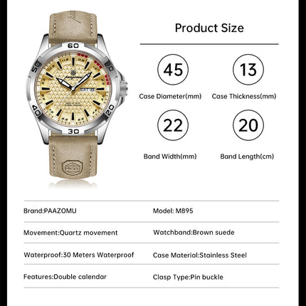 PAAZOMU Men's Luxury Brand Watch Waterproof Luminous Date Week Quartz Wristwatch for Men Stainless Steel Fashion Sports Watches