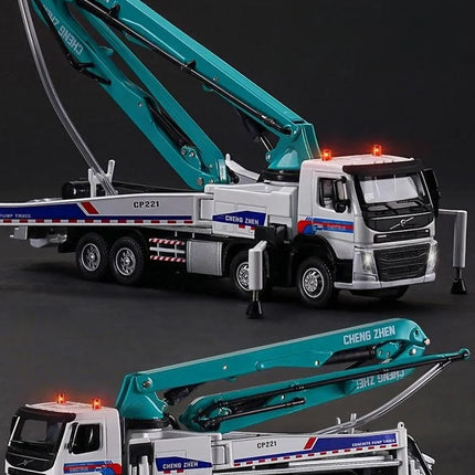1/50 Volvo Concrete Pump Truck Toy Car Diecast Meatl Vehicle Model Pull Back Sound & Light Miniature Collection Gift For Boy Kid