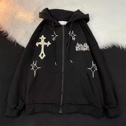 American Style Hoodie Sweatshirt Unisex Casual Cross Design Spring Autumn Streetwear Hip Hop Open Cardigan Street Fashion Out...