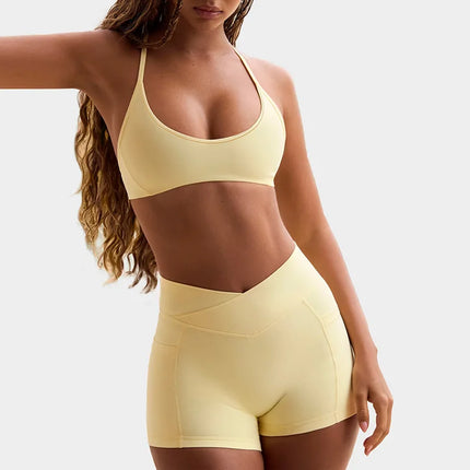 High Elasticity Sports Bra And Shorts Set for Women Cross Back Fitness Yoga Workout Moisture Wicking Running And Cycling