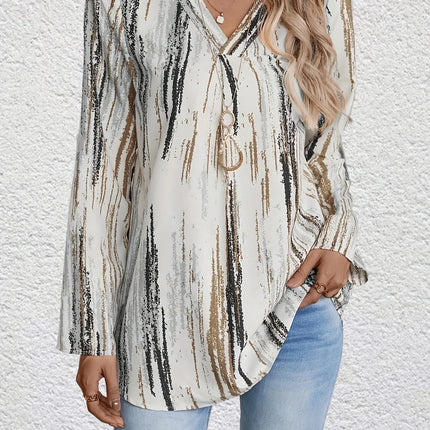 Plus Size Women's Casual New Casual V-neck Printed Fashionable Curved Hem Rolled Sleeve Shirt