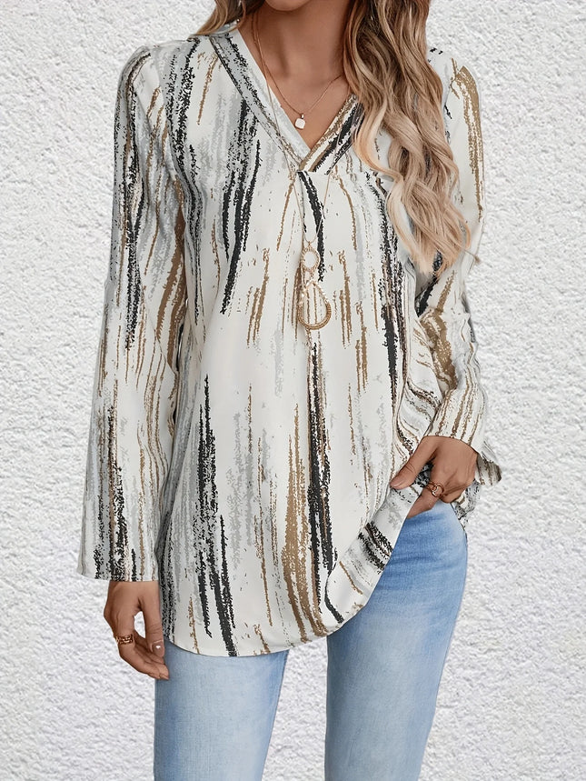 Plus Size Women's Casual New Casual V-neck Printed Fashionable Curved Hem Rolled Sleeve Shirt