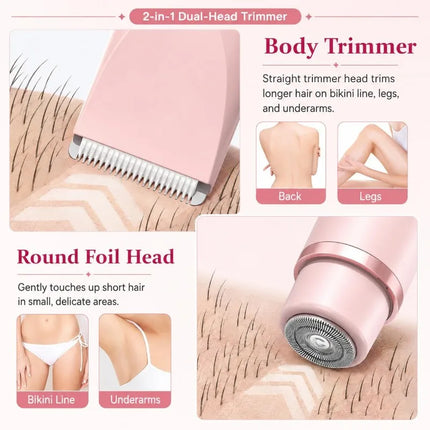 Bikini Trimmer for Women, 2-in-1 Electric Razor with Dual Heads, IPX7 Waterproof Wet/Dry Body Groomer for Bikini Line, Underarms, Legs & Face, Rechargeable Cordless Shaver