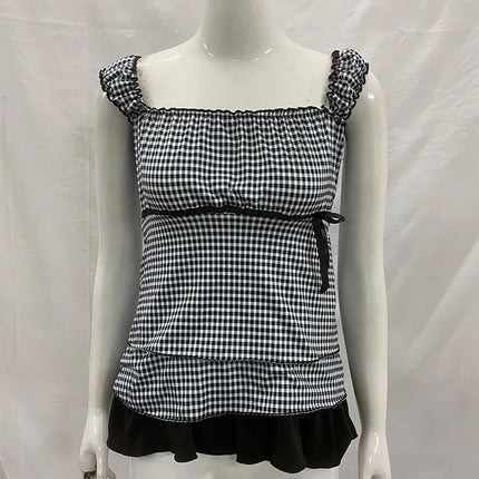 Summer Women's Sweet Gingham Ruffle Camisole Black And White Plaid Sleeveless Tank Top Y2K Aesthetic Casual Streetwear  2025 New