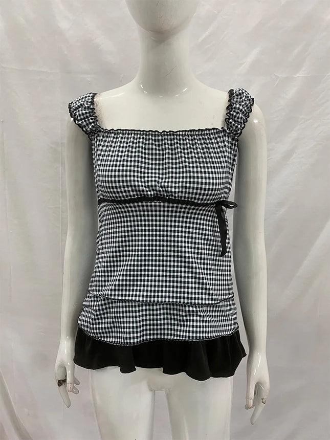 Summer Women's Sweet Gingham Ruffle Camisole Black And White Plaid Sleeveless Tank Top Y2K Aesthetic Casual Streetwear  2025 New
