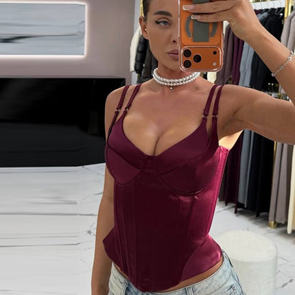Women Solid Deep-v Satin Camisole Corset Top Elegant Double-strap Fitted Cropped Back-tie 2026 Chic Versatile Date Lady Tops