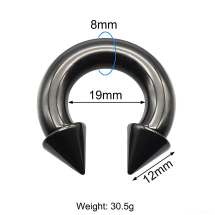 1Pc Large Gauge Black Stainelss Steel Horseshoe Ring with Spike Circular Barbell Piercing Nose Rings Cone Piercing Septum Rings