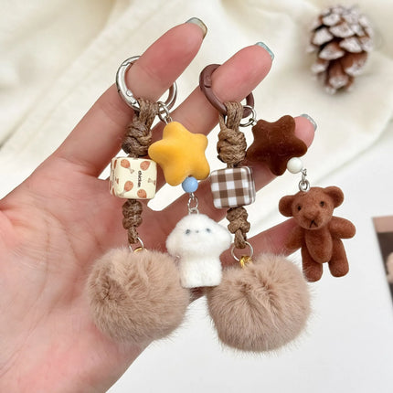 Korean ins cute bear pendant flocking puppy car key pendant handmade braided rope pendant hairball bag pendant
