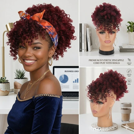Short Curly Afro Puff Drawstring Ponytail, Ombre Burgundy Synthetic Hair Bun with Bangs, Kinky Curly Updo Hairpiece for Women