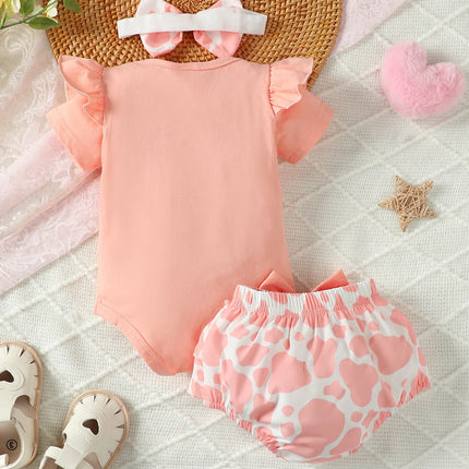 0-2 Year Old Baby Summer Solid Color Short Sleeved Letter Printed Round Neck Bread Shorts Bow Set Baby Clothing