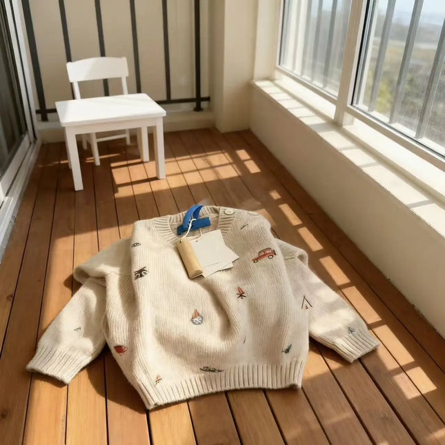 Korea Style Children's Sweater Cartoon Embroidery Knitted Sweater Autumn Winter Girls Versatile Pullover Tops Bottoming Shirt