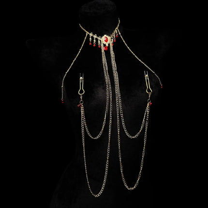 Red Gem Nipple Clamps Body Chain Integrated Sensual Body Restraint Sexy Accessories Breast Clips Bell Pendants Adult Sex Toy 18+