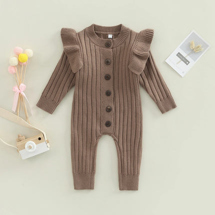 New  Winter Baby Girl’s Knitted Long Sleeve Sweater Jumpsuit Fashion Solid Color Round Neck Ruffles Button Warm Romper Outfits