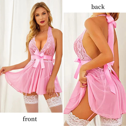 Sexy Summer Dress with Bow Open Back for Bridal Lingerie Homewear Adjustable Neck Hanging Straps Sensual Sleepwear ﻿