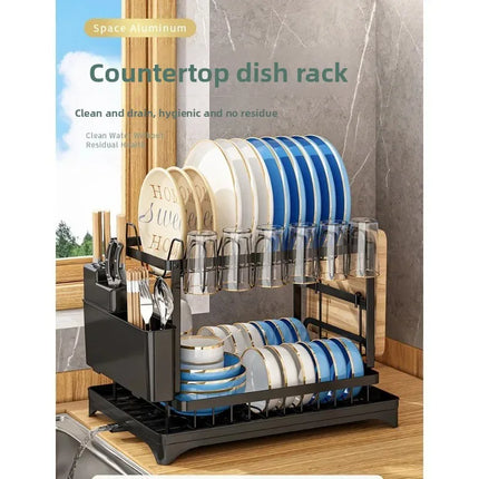 Double-layer large-capacity dish drain rack | With water guide tray, rust-resistant and durable, kitchen countertop storage rack