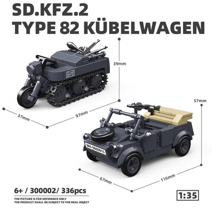MOC Military Classic Model Type 82 Kübelwagen and Sd.Kfz.2 Half Track Motorcycle Weapons Building Blocks Bricks Toys Kid Gifts ﻿