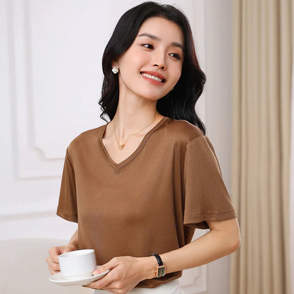 2026 Summer New Women's T-shirt V-neck Knitted Women's Short Sleeve High end Acetate Fiber White Fashion Women's Top