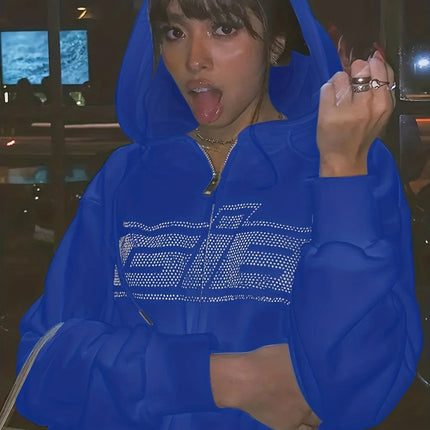 New Rhinestone Letter Print Women Long Sleeve Sweatshirt Hoodies Zipper Loose Oversized Streetwear Casual 2024 Autumn Fall