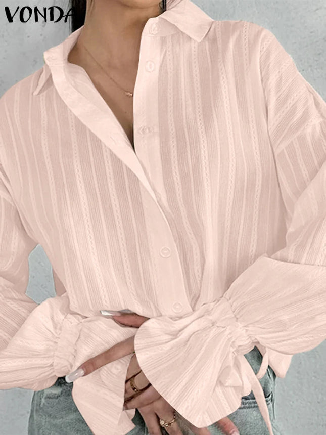 Plus Size 5XL VONDA Women Shirts 2024 Casual Solid Color Long Sleeve Blouse Cotton Linen Tunic Casual Loose Lapel Collar  Tops