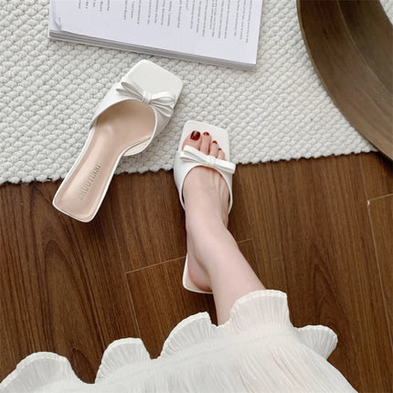 Designer Women Square Toe High Heel Slippers Fashion Butterfly-knot Dress Shoes Summer Stripper Mules Slides Zapatos De Mujer