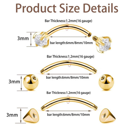 1-9PCS Golden Eyebrow Stud Rings Piercing Jewelry Rook Surgical Steel Silvery CZ Tiny Labret Lip Navel Belly Helix Tragus 16G