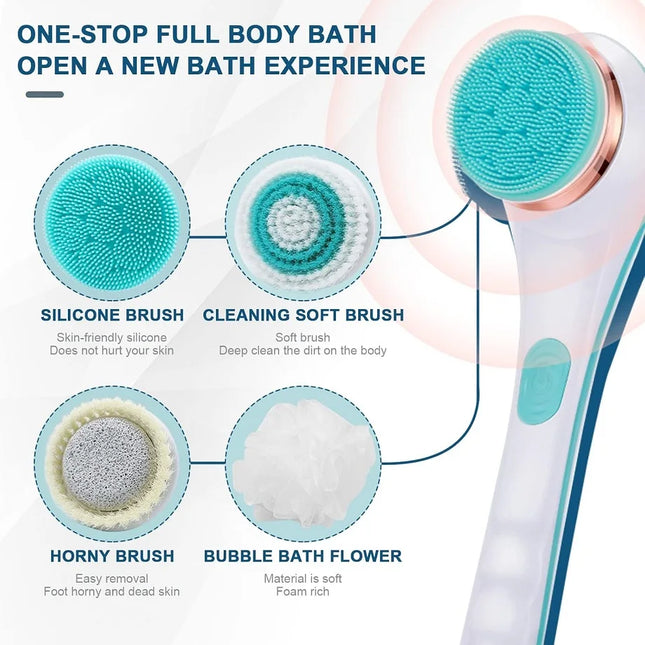 Electric Bath Brush Long Handle Body Scrubber Waterproof Shower Brush with Replaceable Heads for Back Feet Body Cleaning Massage