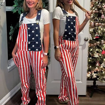 New Mens Jeans Overalls American Independence Day Flag Couple Suspenders Cargo Trousers Women Jumpsuit