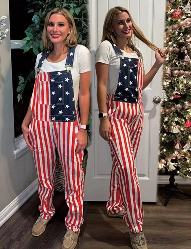 New Mens Jeans Overalls American Independence Day Flag Couple Suspenders Cargo Trousers Women Jumpsuit