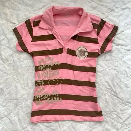 Stripes Maiden Chic Vintage Sweet Clothing Y2K Elegant Women's T-shirts Cute Slim Aesthetic Polo Tops Classic Harajuku Fashion Tee